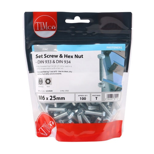 100 x TIMCO Set Screws DIN933 Grade 8.8 & Hex Nut DIN934 Silver - M6 x 25