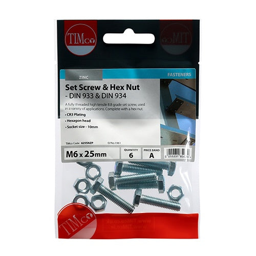 6 x TIMCO Set Screws DIN933 Grade 8.8 & Hex Nut DIN934 Silver - M6 x 25