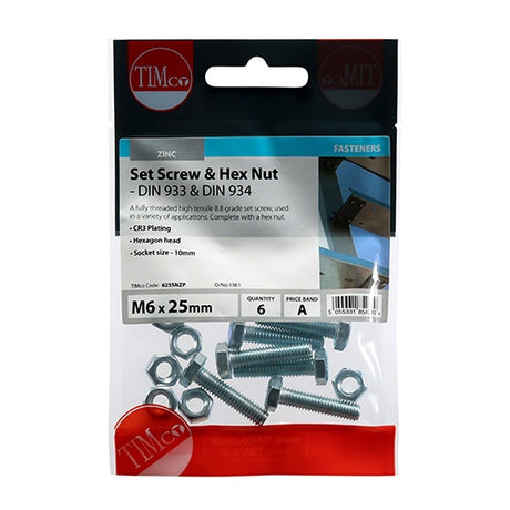 6 x TIMCO Set Screws DIN933 Grade 8.8 & Hex Nut DIN934 Silver - M6 x 25