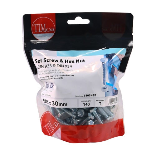 140 x TIMCO Set Screws DIN933 Grade 8.8 & Hex Nut DIN934 Silver - M6 x 30