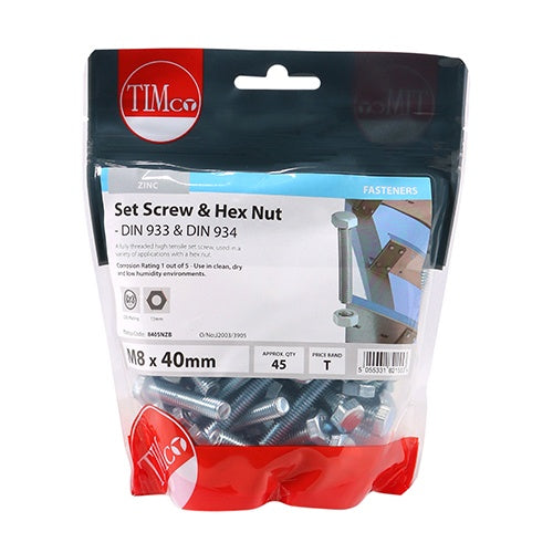 45 x TIMCO Set Screws DIN933 Grade 8.8 & Hex Nut DIN934 Silver - M8 x 40