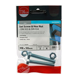 Pair of - TIMCO Set Screws DIN933 Grade 8.8 & Hex Nut DIN934 Silver - M8 x 50