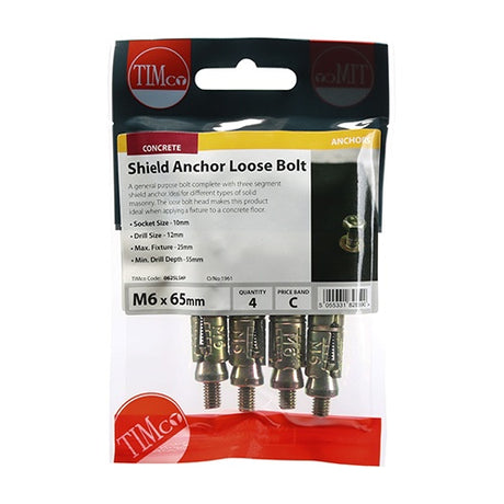 4 x TIMCO Shield Anchors Loose Bolt Gold - M6:25L (M6 x 65)