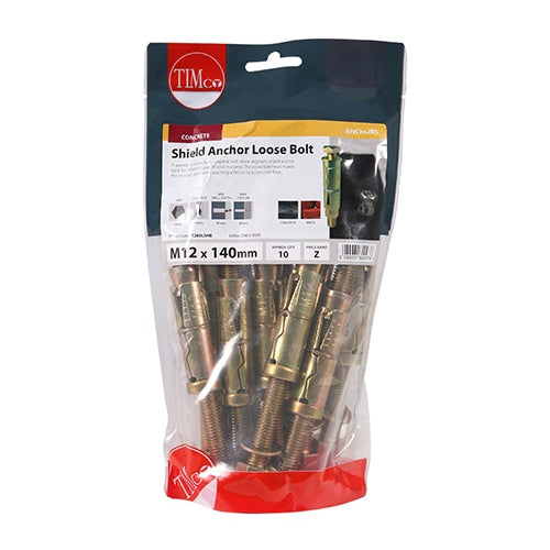 10 x TIMCO Shield Anchors Loose Bolt Gold - M12:60L (M12 x 120)