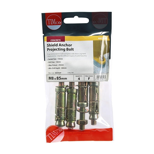 4 x TIMCO Shield Anchors Projecting Bolt Gold - M8:25P (M8 x 85)