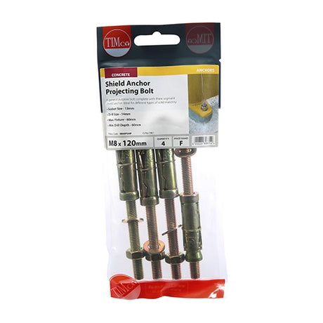 4 x TIMCO Shield Anchors Projecting Bolt Gold - M8:60P (M8 x 120)