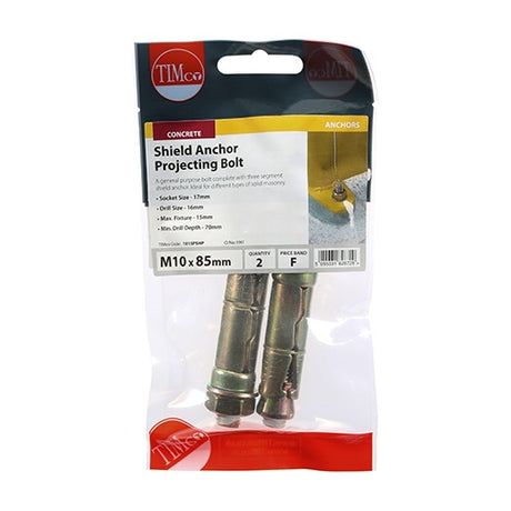 Pair of - TIMCO Shield Anchors Projecting Bolt Gold - M10:15P (M10 x 85)