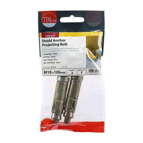 Pair of - TIMCO Shield Anchors Projecting Bolt Gold - M10:30P (M10 x 100)