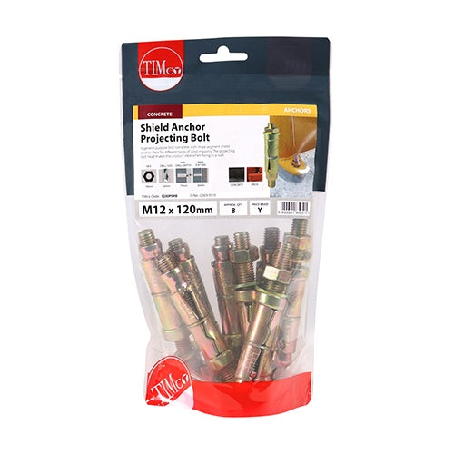 8 x TIMCO Shield Anchors Projecting Bolt Gold - M12:30P (M12 x 120)