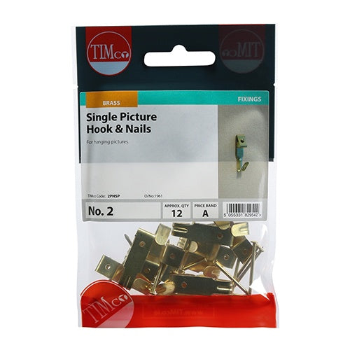 12 x TIMCO Picture Hanging Hooks Single Electro Brass - No.2 Single