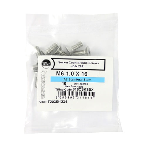 10 x TIMCO Countersunk Socket Screws DIN7991 A2 Stainless Steel - M6 x 16