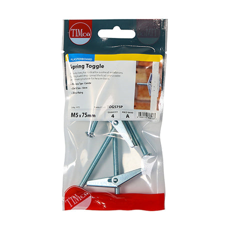 4 x TIMCO Spring Toggle Cavity Anchors Silver - M5 x 75