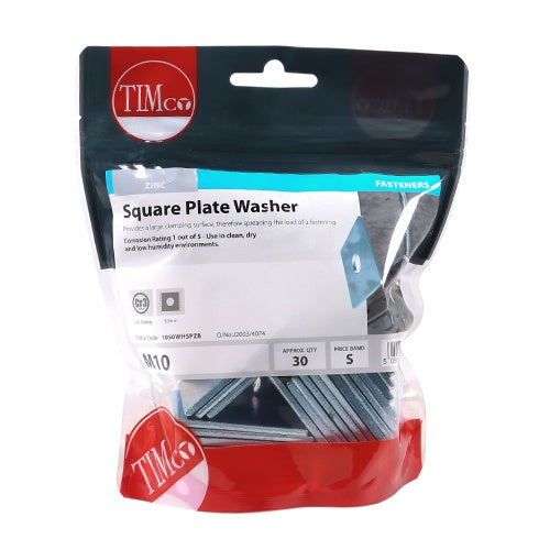 30 x TIMCO Square Plate Washers Silver - M10 x 50 x 50 x 3