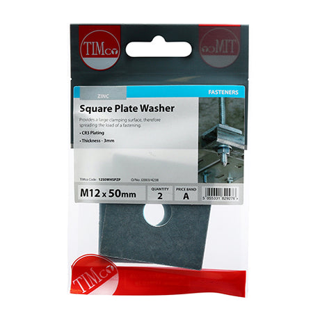 Pair of - TIMCO Square Plate Washers Silver - M12 x 50 x 50 x 3