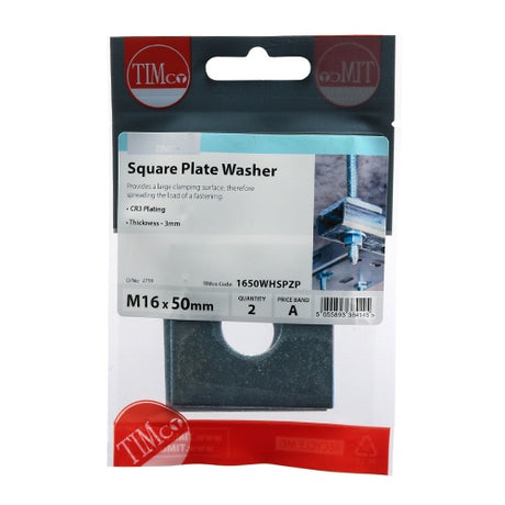 Pair of - TIMCO Square Plate Washers Silver - M16 x 50 x 50 x 3