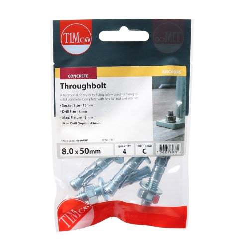 4 x TIMCO Throughbolts Silver - M8 x 50