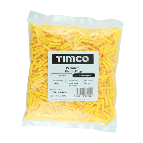 1000 x TIMCO Yellow Premium Plastic Plugs - 25mm