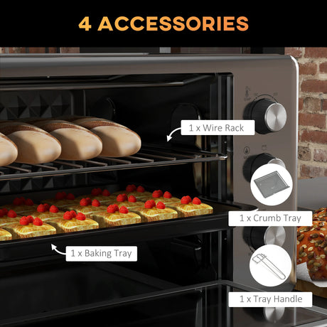 HOMCOM 30L 60-230 Mini Electric Oven, with Accessories - Silver Tone