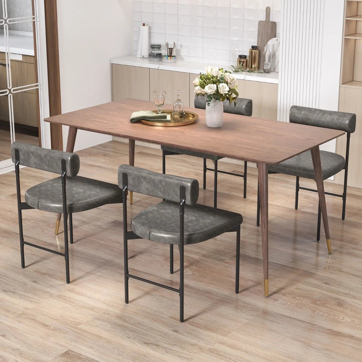 Faux Leather Upholstered Kitchen Side Chair Set of 2 with Curved and Padded Backrest-Gray