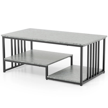 Faux Marble Coffee Table with Open Storage Shelf-Gray