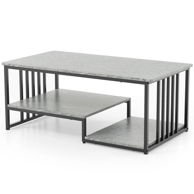 Faux Marble Coffee Table with Open Storage Shelf-Gray
