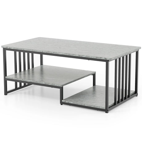 Faux Marble Coffee Table with Open Storage Shelf-Gray