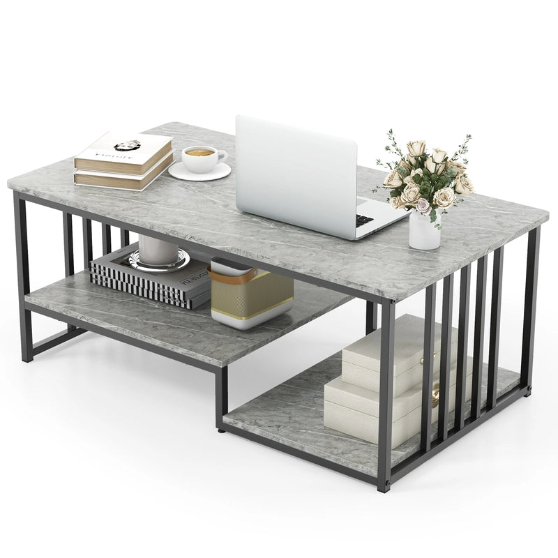 Faux Marble Coffee Table with Open Storage Shelf-Gray