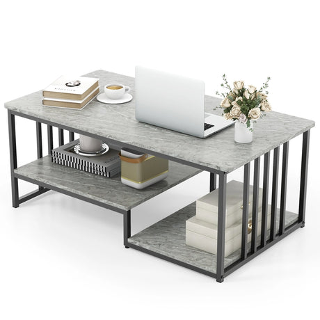 Faux Marble Coffee Table with Open Storage Shelf-Gray