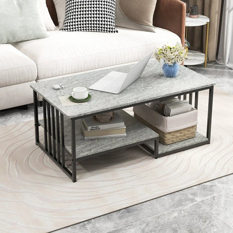 Faux Marble Coffee Table with Open Storage Shelf-Gray