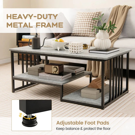 Faux Marble Coffee Table with Open Storage Shelf-Gray