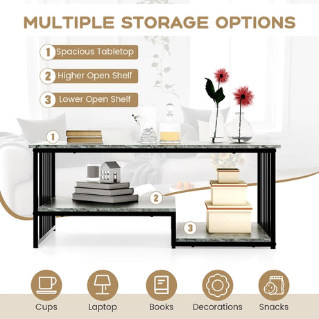 Faux Marble Coffee Table with Open Storage Shelf-Gray