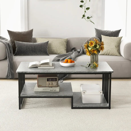 Faux Marble Coffee Table with Open Storage Shelf-Gray