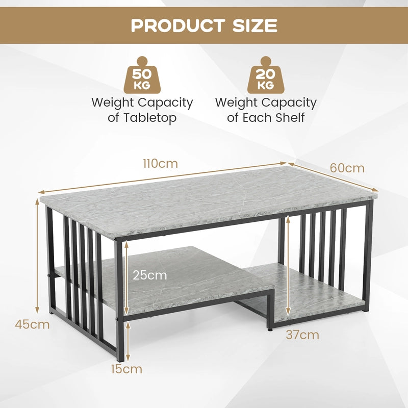 Faux Marble Coffee Table with Open Storage Shelf-Gray