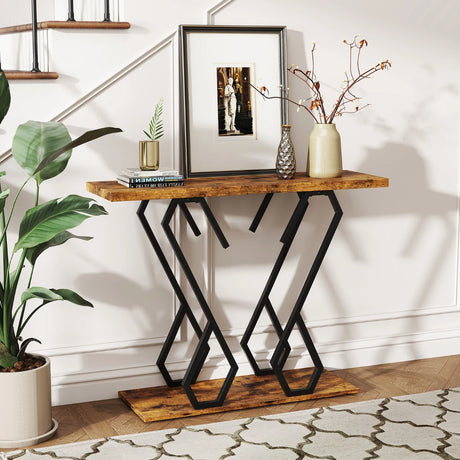Faux Marble Console Table with Adjustable Foot Pads-Rustic Brown