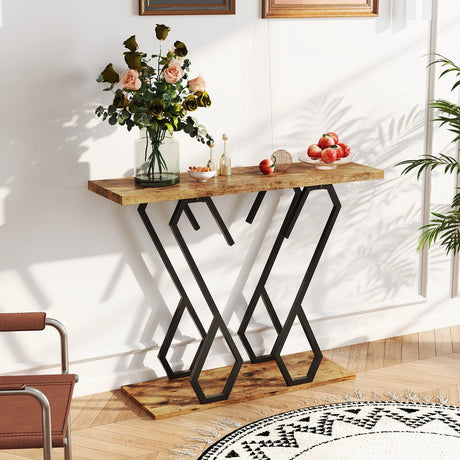 Faux Marble Console Table with Adjustable Foot Pads-Rustic Brown