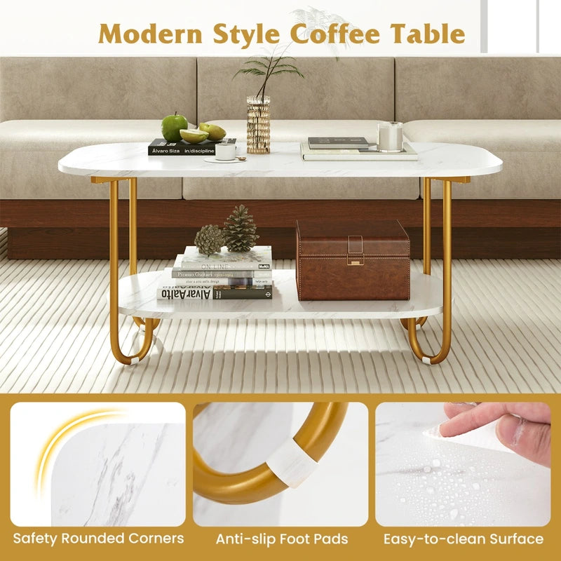 Faux Marble Top Coffee Table with Heavy-duty Metal Frame-White
