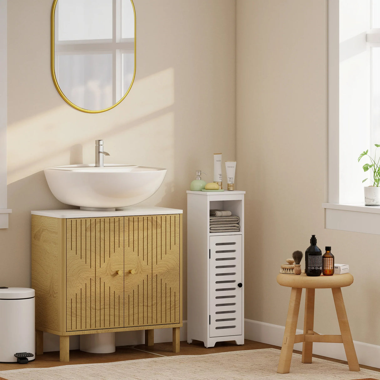 HOMCOM Bathroom Floor Cabinet, Bathroom Storage Unit with Louvered Door, Open Shelf, Adjustable Shelf, White, 22 x 20 x 75 cm