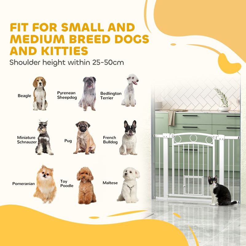 PawHut 77cm Tall Dog Gate with Cat Door, 7cm and 14cm Extensions, for Stairs, Doorways, 76-104cm Width