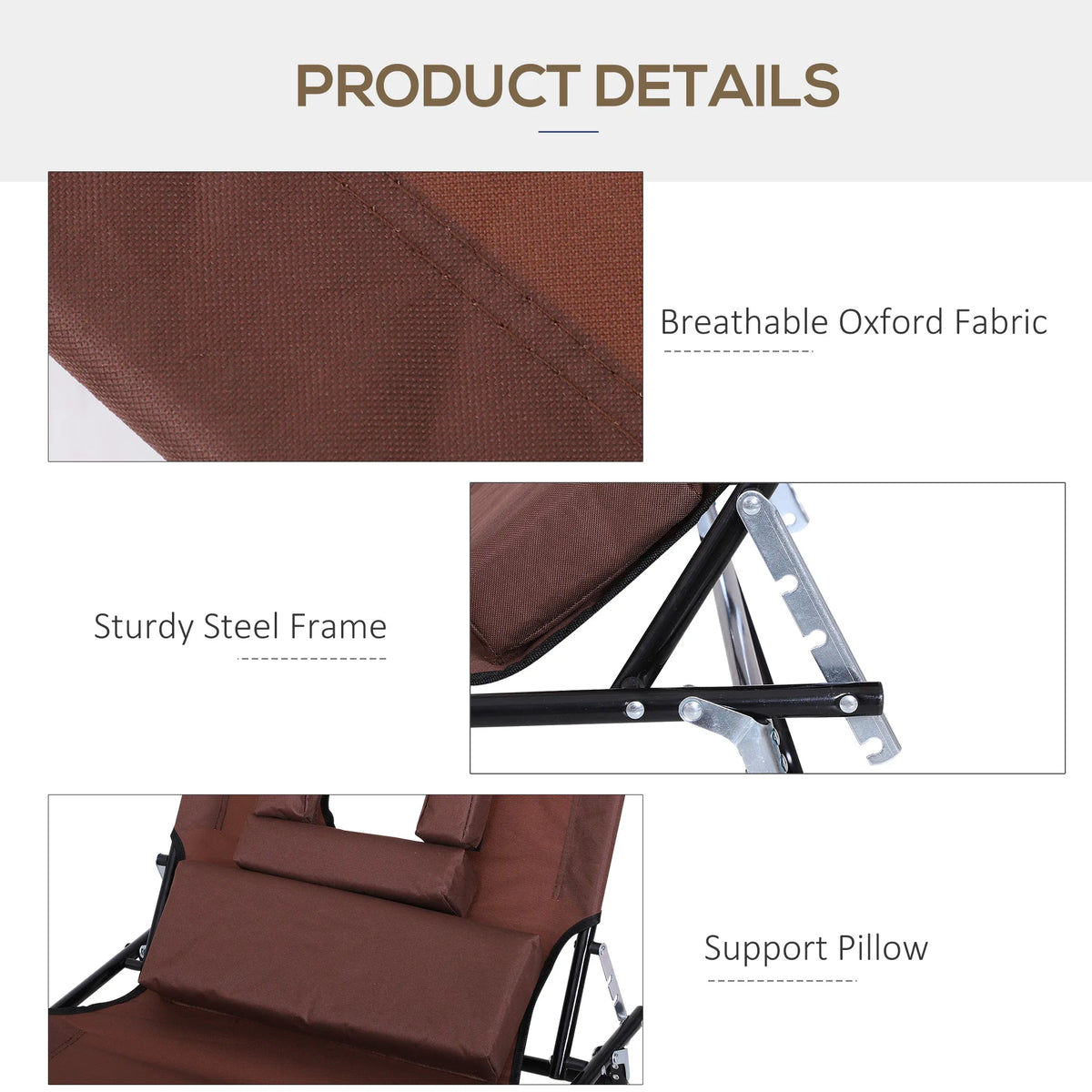 Outsunny Folding Sun Lounger with Face Hole, 4-Position Adjustable Backrest Garden Recliner Chair Sunbed, Outdoor Lounge Chair with 600 D Oxford Cloth Seat, Pillow for Beach, Brown