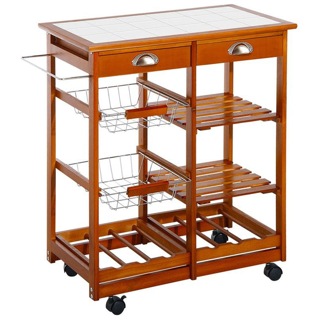 HOMCOM Rolling Kitchen Island Trolley Cart Drawer Shelves Basket Wheels W/  6 Bottle Wine Rack, Honey Colour