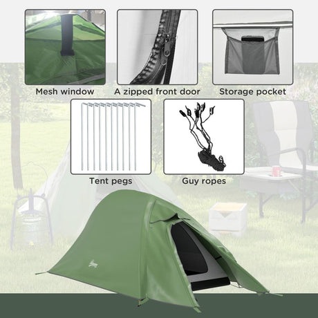 Outsunny Double Layer Camping Tent, 1-2 Man Backpacking Tent with Carry Bag, 2000mm Waterproof and Lightweight, Green