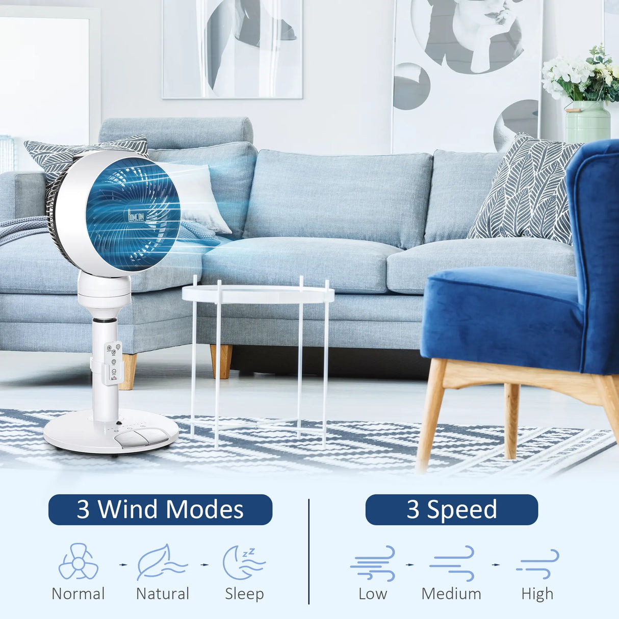 HOMCOM 9'' Air Circulator Fan 3 Speed 3 Mode, 70 Oscillation 90 Vertical Tilt, Height Adjustable, Remote Controller, for Living Room, Bedroom, Office, Black and White