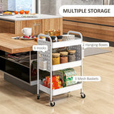 HOMCOM 3-tier Storage Trolley on Wheels, Rolling Utility Serving Cart with 3 Mesh Baskets, 2 Hanging Boxes and 6 Hooks for Living Room, Kitchen, White