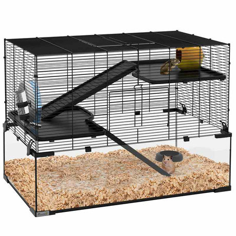 PawHut 3 Tiers Hamster Cage, Gerbil Cage with Deep Glass Bottom, Non-Slip Ramps, Platforms, Hut, Exercise Wheels, Water Bottle, Dish, for Syrian Hamster, Dwarf Hamster, 78.5 x 48.5 x 57cm