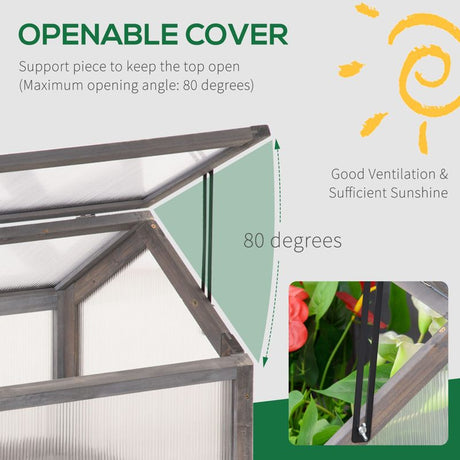 Outsunny Wooden Cold Frame Garden Polycarbonate Greenhouse with Openable Top Cover, Grow House for Flowers, Vegetables, Plants, 90 x 52 x 50cm, Grey