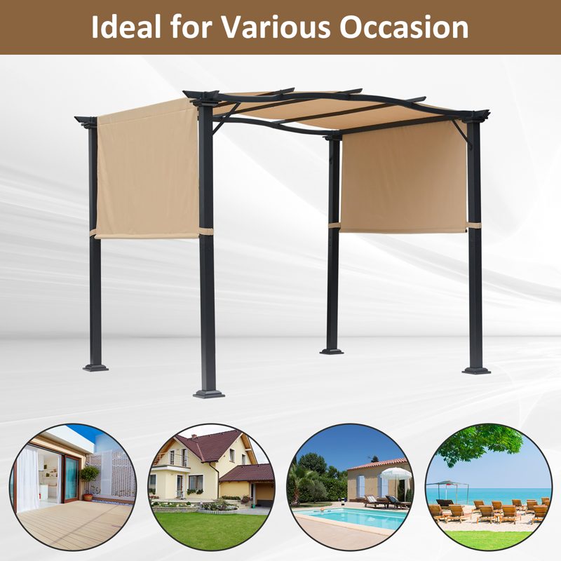 Outsunny Outdoor Retractable Pergola Garden Gazebo with Two Adjustable Side Canopy Overhead Sun Shade Backyard Canopy Cover, Steel Khaki 2.96x2.45x2.3m