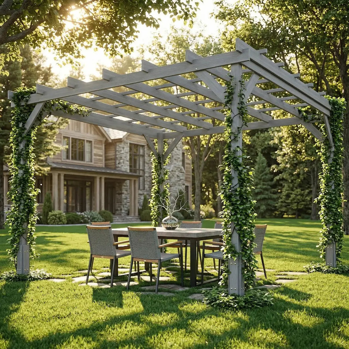 Outsunny 3 x 3 m Wooden Pergola Kit, Decorative Garden Gazebo Shelter with Stable Structure for Climbing Vines, Grey