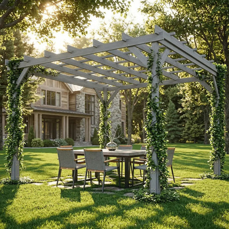 Outsunny 3 x 3 m Wooden Pergola Kit, Decorative Garden Gazebo Shelter with Stable Structure for Climbing Vines, Grey