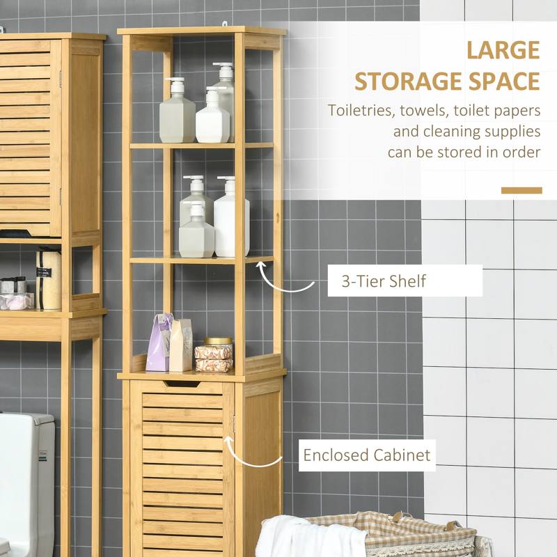 kleankin Tall Bathroom Cabinet, Slim Storage Cabinet, Tallboy Bamboo Storage Unit with 3-Tier Storage Shelves and Freestanding Organiser, Natural