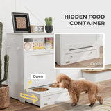 PawHut Pet Feeder Station, Dog, Cat Storage Container, with Raised Bowls, Hanger, Cabinet - White